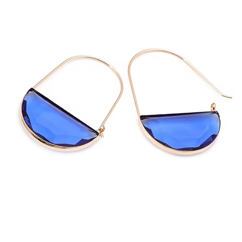 Navy Blue Glass Crescent Hoop Gold Earrings - Picture 2 of 3